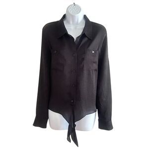 Ellen Tracy Women's Black Button-Up Blouse Tie Front Size L